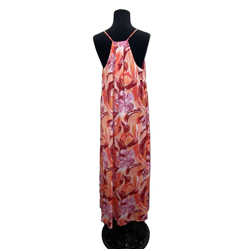 Leslie Fay Floral Tropical Coral Magenta Maxi Lounge Dress Built Bra Large (L)